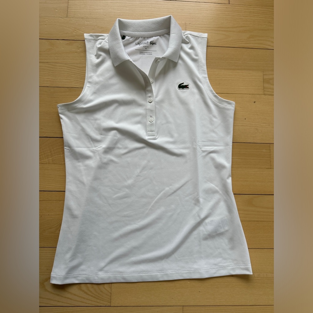 Lacoste White Sleeveless Polo Tank with Green Crocodile Logo
